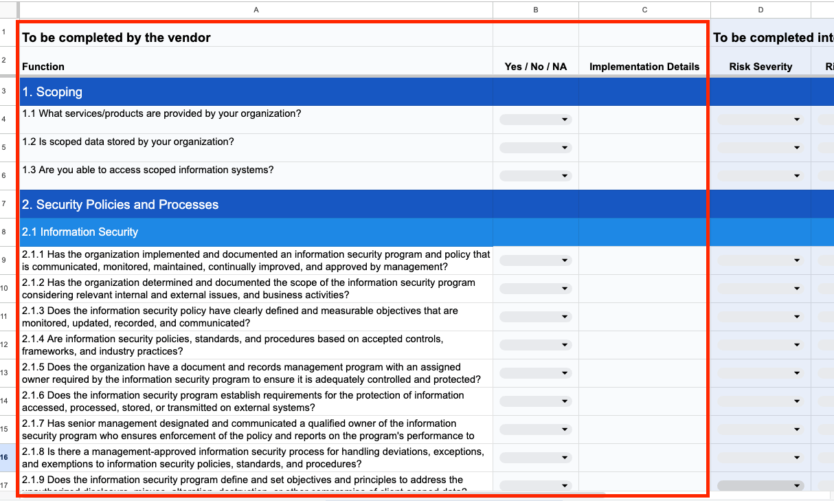 Vendor component of the questionnaire template.