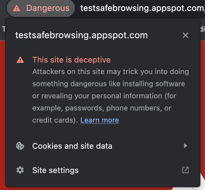 Screencapture of Google Safe Browsing warning with the Dangerous status in the URL bar