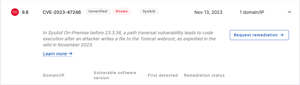 Screencapture of the SysAid CVE as it appears in the UpGuard platform