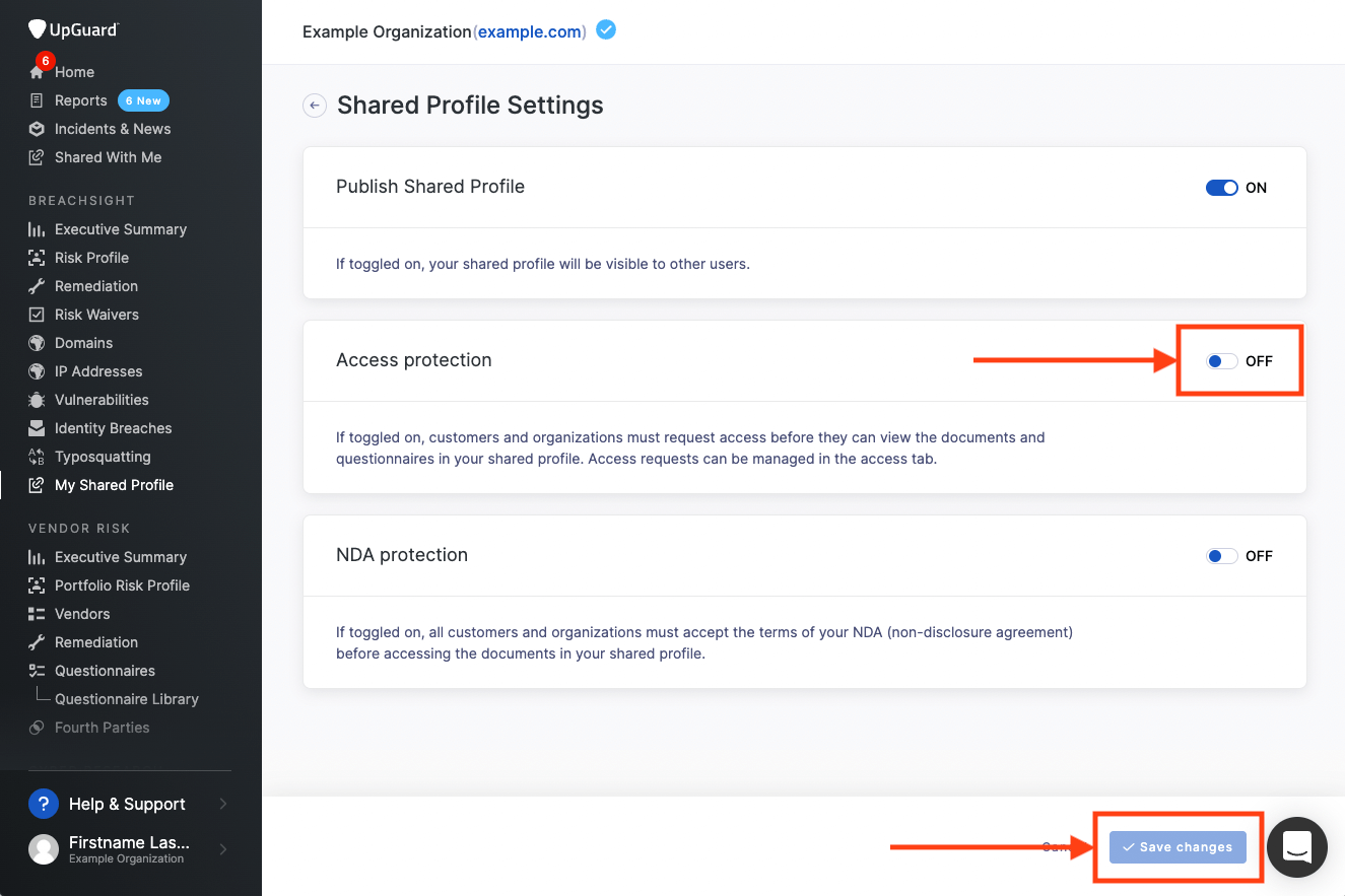 Shared profile settings showing access control toggle