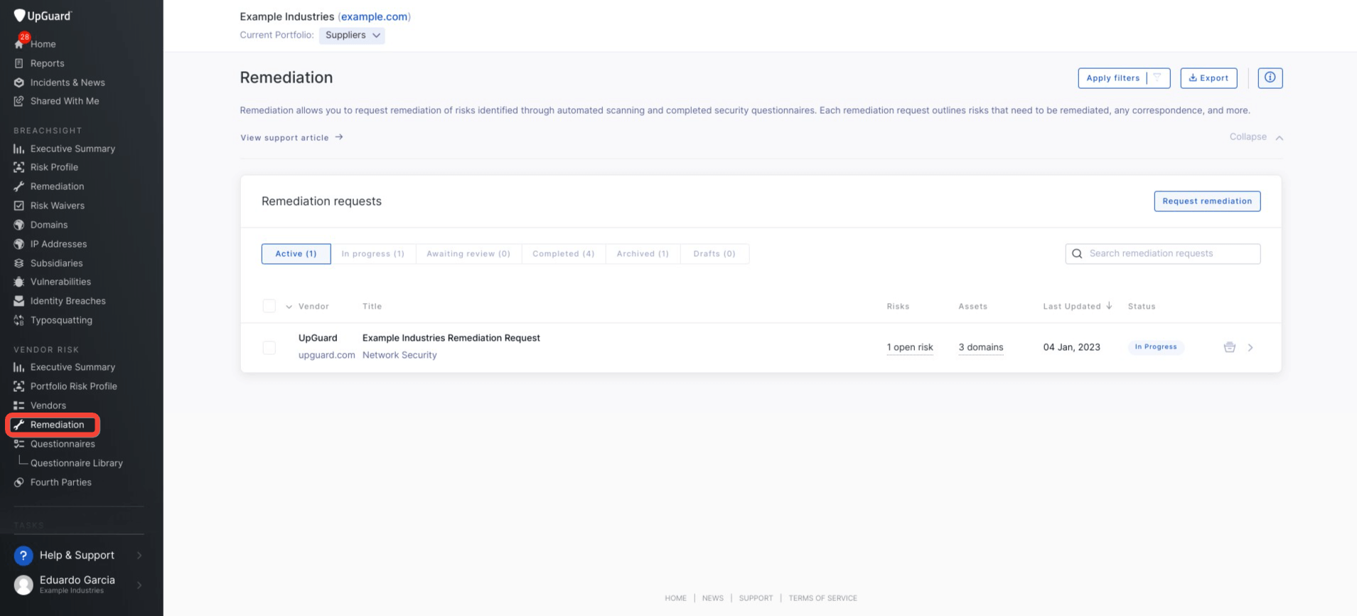 Remediation request management on the UpGuard platform