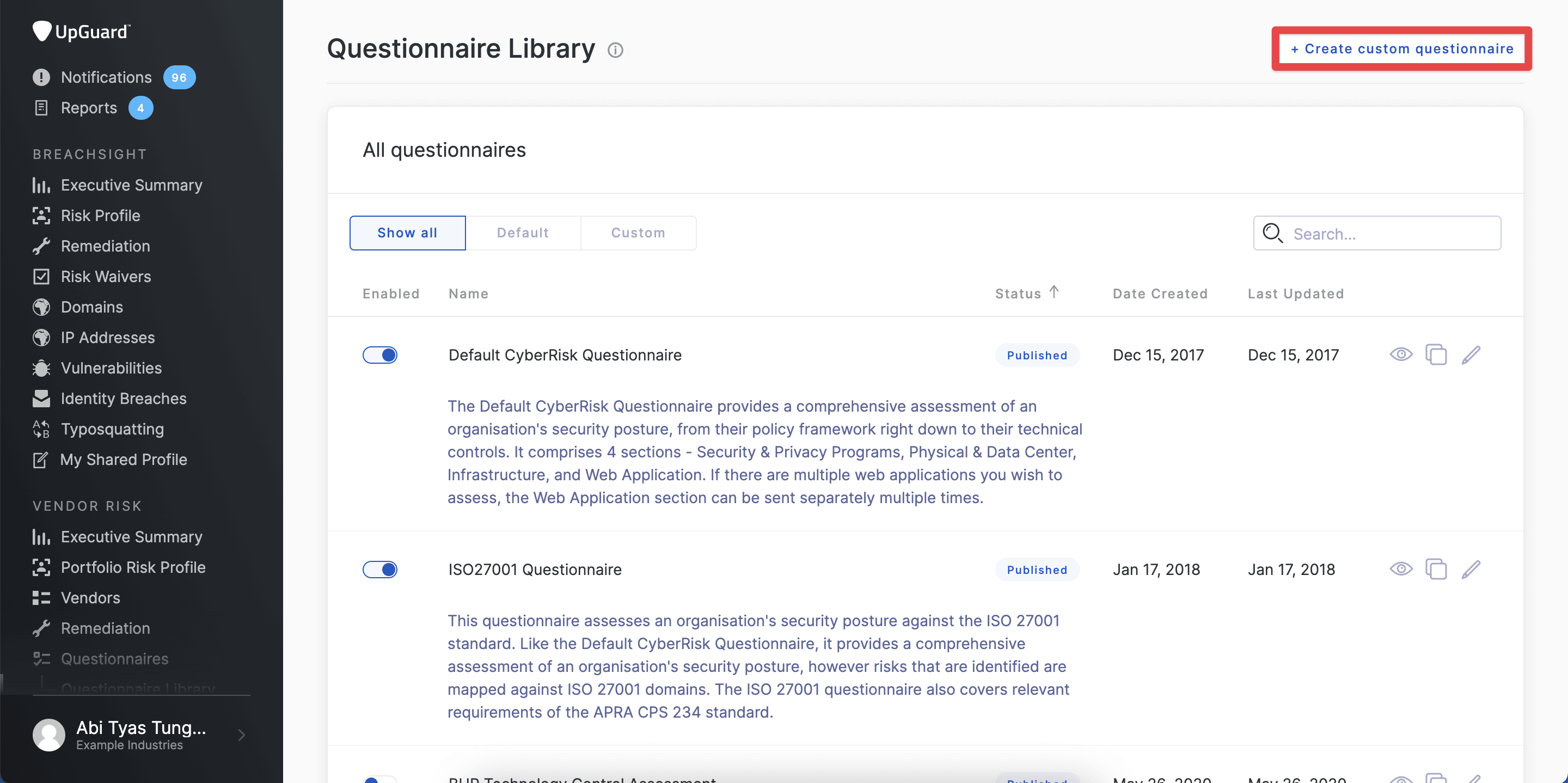 custom questionnaire builder by UpGuard
