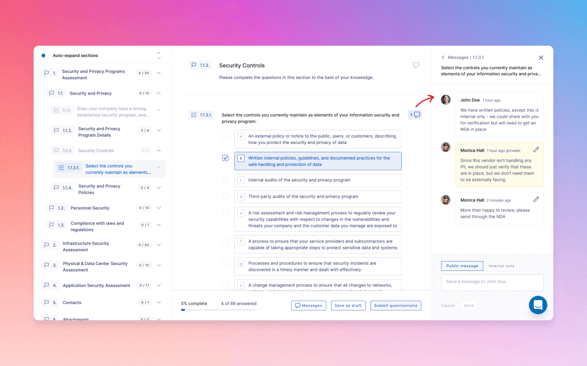 upguard questionnaire communication feature