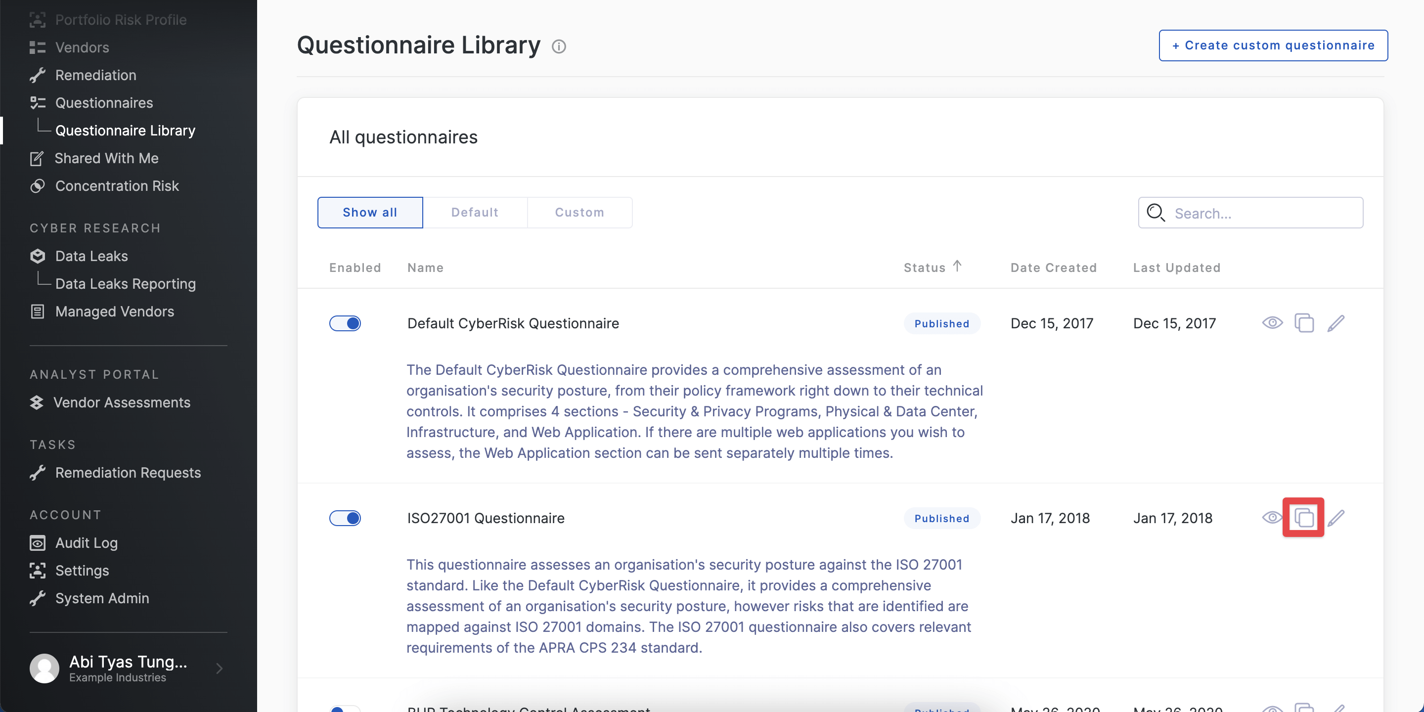 UpGuard custom questionnaire builder