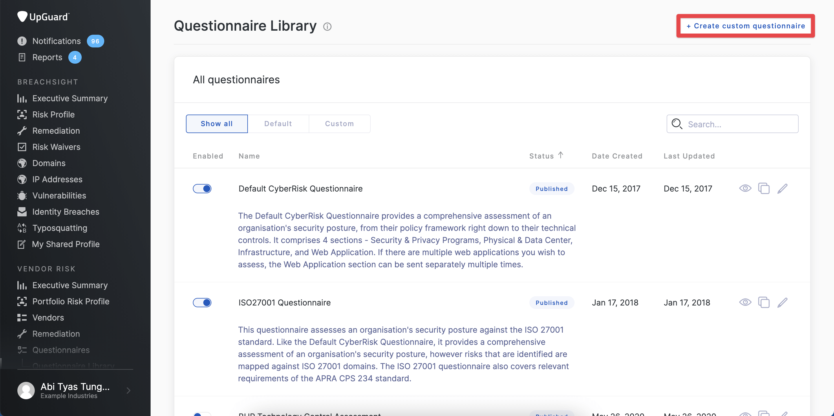 UpGuard custom questionnaire builder