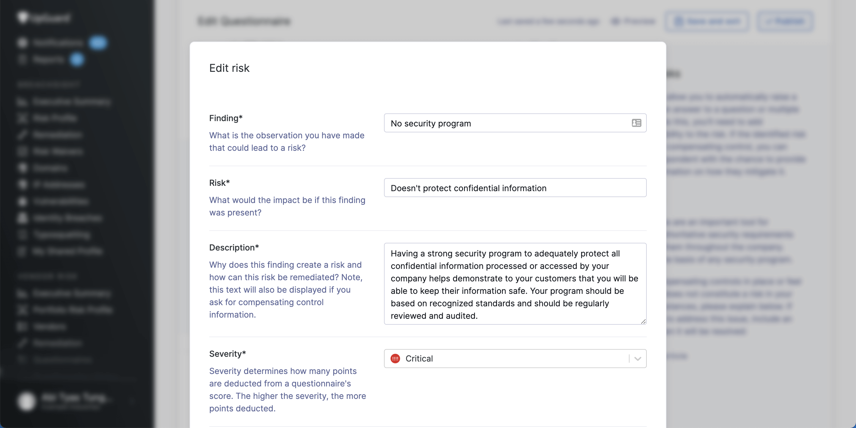 UpGuard custom questionnaire builder