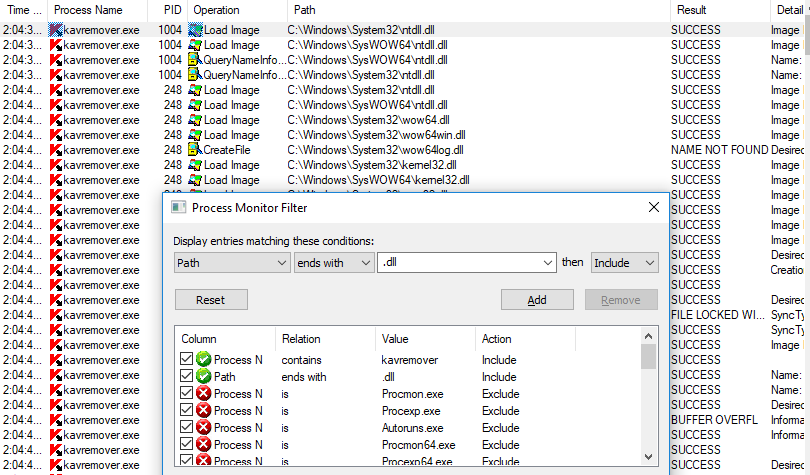 Process Monitor filter displaying only active DLL files.